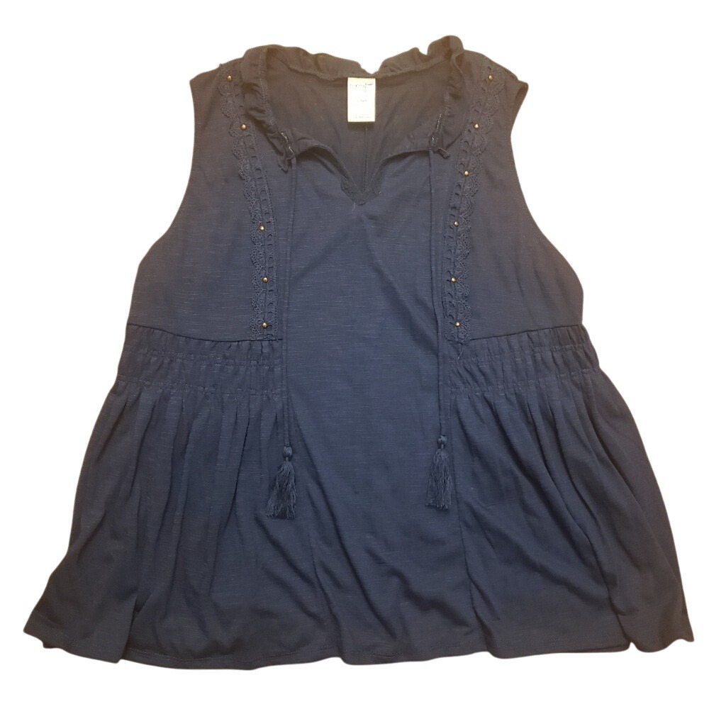 Terra & Sky Plus 0X 14W‎ Navy Blue Peasant Tank Top Empire Waist Sleevele…